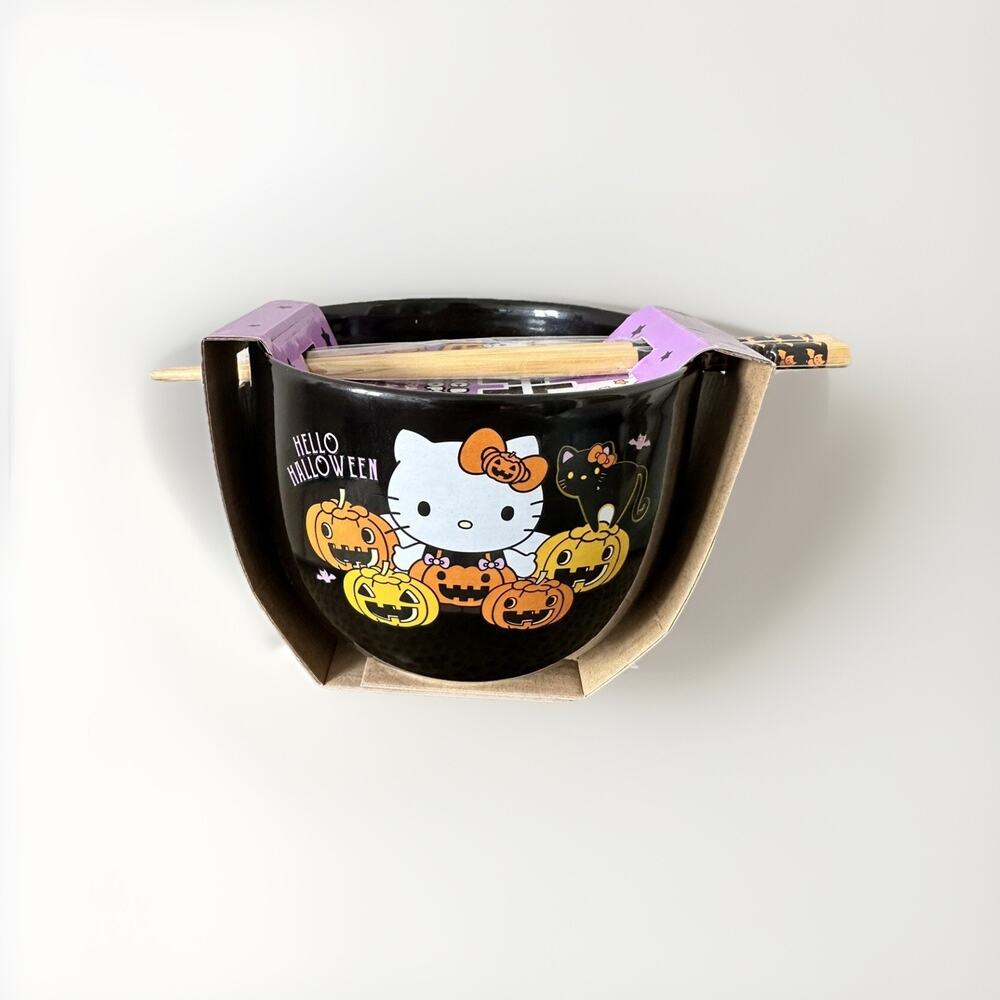 Hello Kitty Halloween Ramen Bowl w Chopsticks Sanrio Ceramic Candy Pumpkin